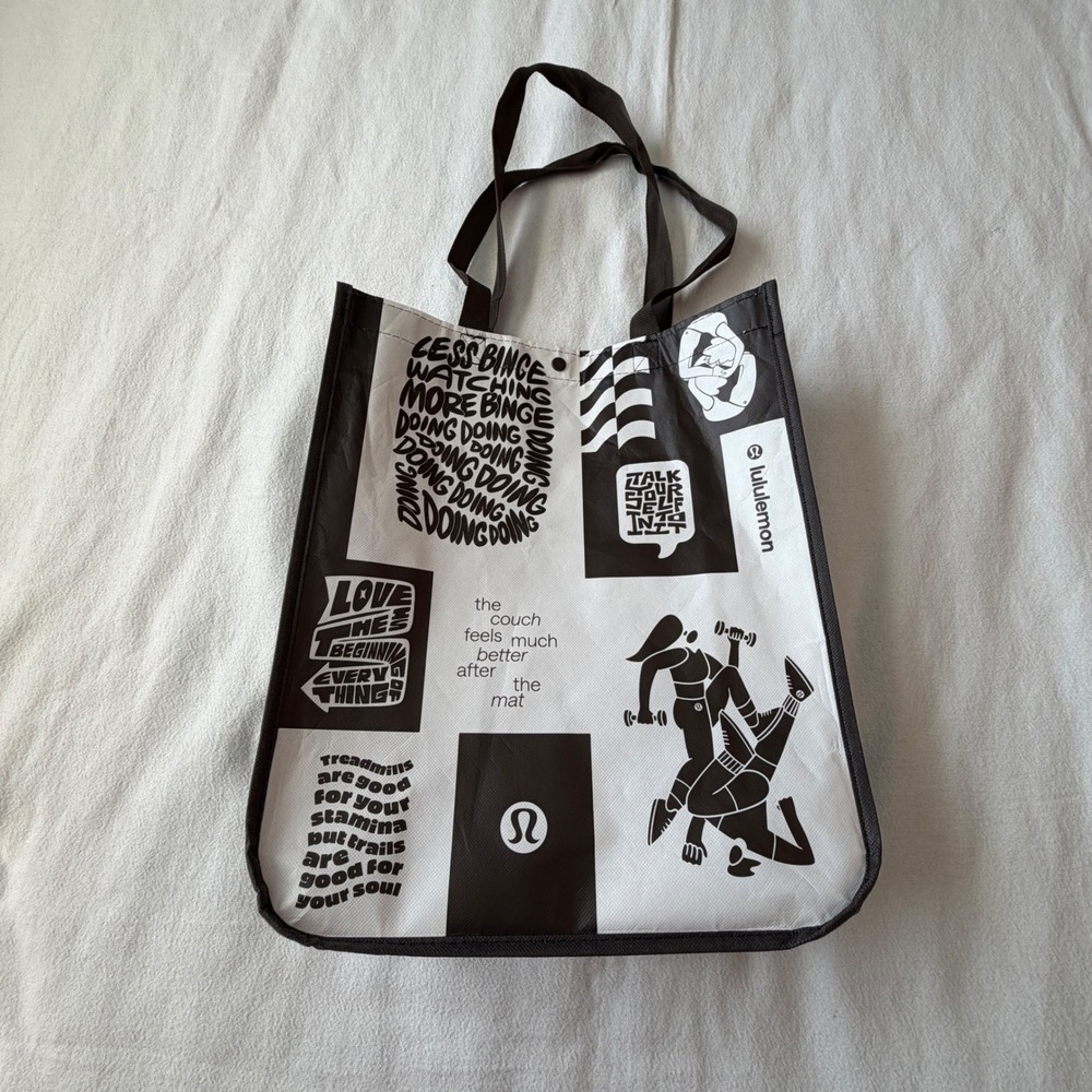 Lululemon Reusable Tote Bag Black White Graphic Print Medium Shopping Gym Bag